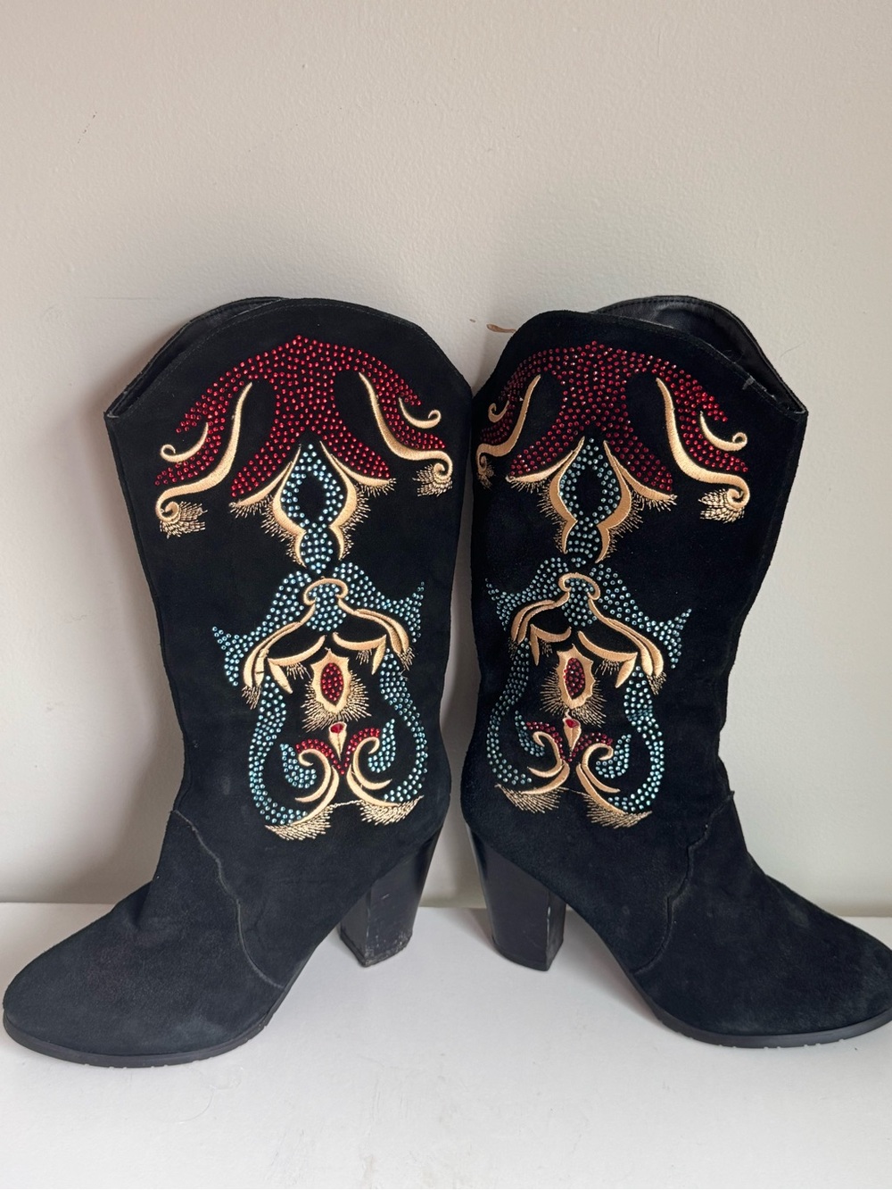 Italian genuine leather black suede western cowgirl embroidered rhinestone boots